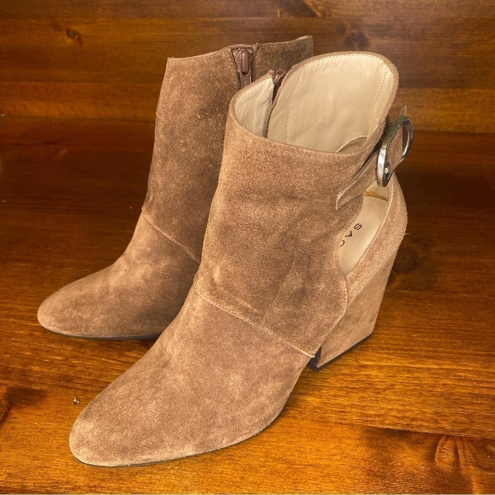 Sacha London Tan Beige Suede Ankle Booties w buckle Womens EU 41 US 10.5 - Picture 7 of 13